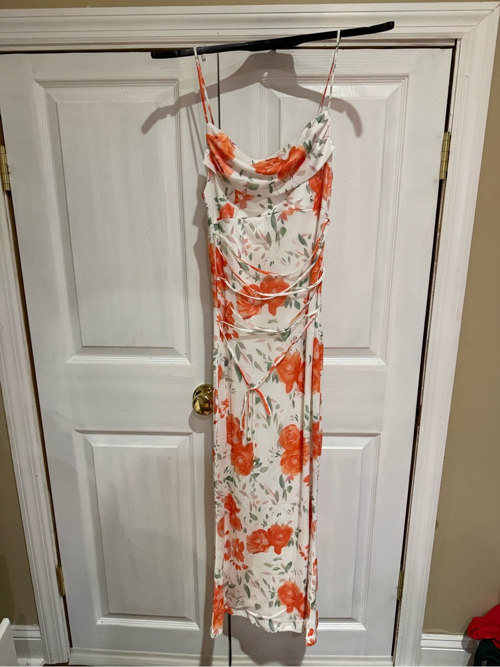 Floral Cowl Neck Slip Dress in White and Orange